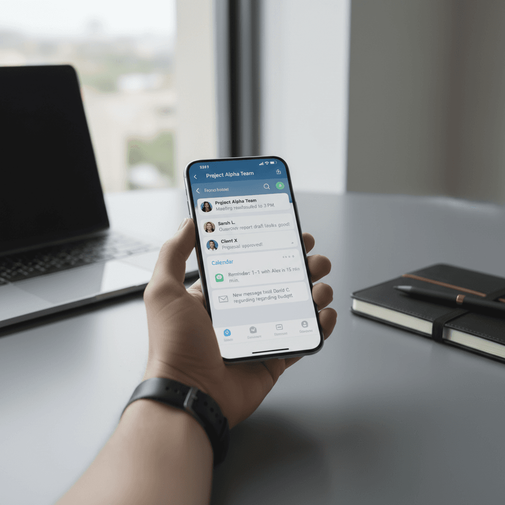 Hand holding smartphone with active messaging interface on modern desk