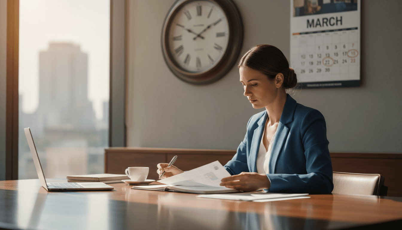 Professional person reviewing documents at desk with clock and calendar visible in background
